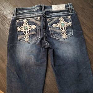 Buckle Dark Blue Boot Cut Jeans with Embroidery